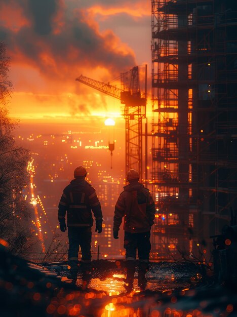 Twee arbeiders lopen op de top van de bouwplaats bij zonsondergang