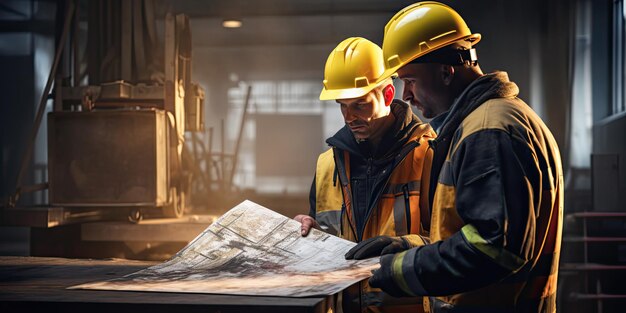 twee arbeiders met helm en gele jas staan naast een papier generatieve AI