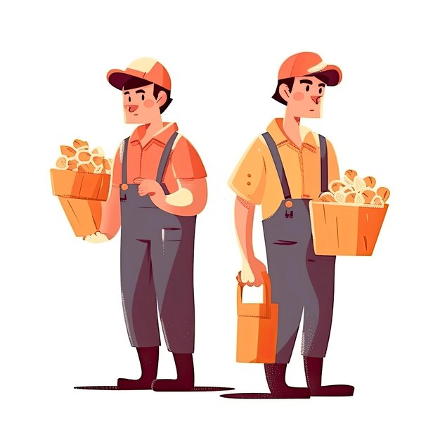 Twee arbeiders met manden champignons en één met een hoed op.