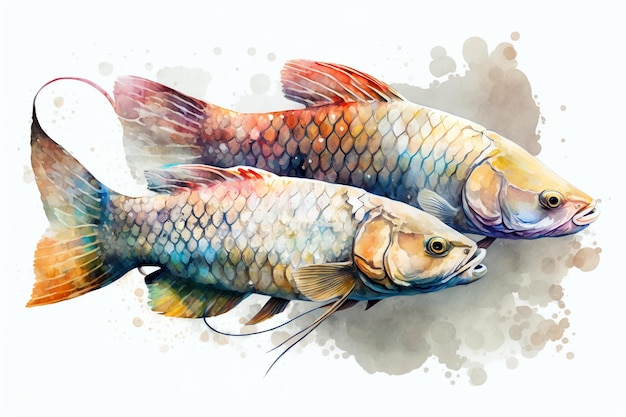 Twee arowana vissen met waterverf op witte achtergrond Generatieve AI-illustratie