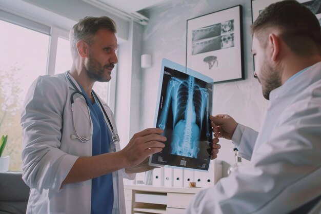 Twee artsen kijken naar een röntgenfoto van een patiënt in een moderne kliniek.