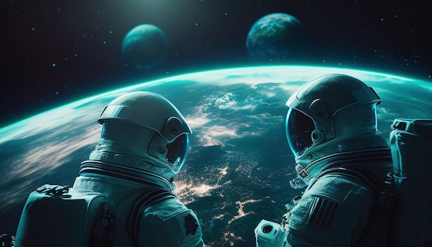 Twee astronauten die in ruimte digitale kunstillustratie drijven Generatieve AI