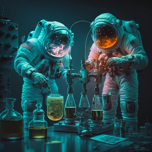 Twee astronauten in ruimtepakken werken aan een lab met een grote beker en een flesje vloeistof.