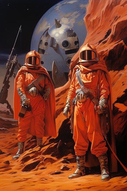 Twee astronauten staan voor een ruimteschip.