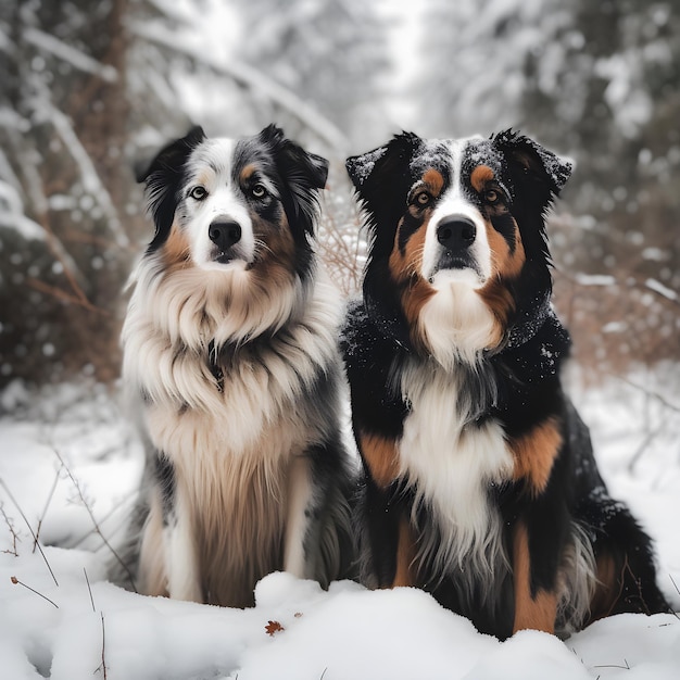 Twee Australische Herders die op sneeuw zitten