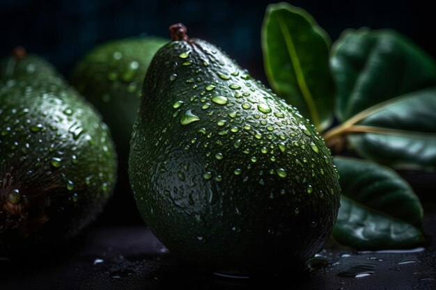 Twee avocado's met waterdruppels op een zwarte achtergrond