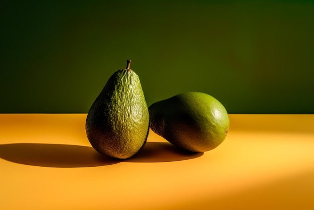 Twee avocado's op een geelgroene achtergrond met kopieerruimte Generatieve AI