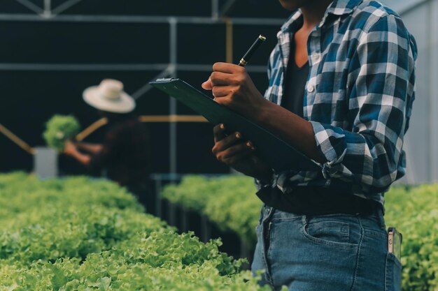 Foto twee aziatische boeren controleren de kwaliteit van biologische groenten die met behulp van hydroponie worden gekweekt