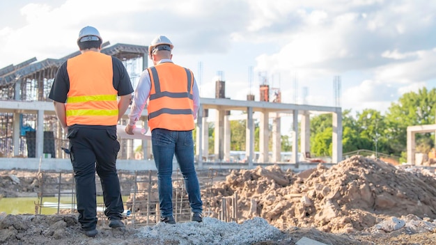 Foto twee aziatische ingenieurs werken op het terrein van een groot bouwproject. thaise mensen werken overtijd op het bouwterrein. een team ingenieurs speelt op de bouwplaats.