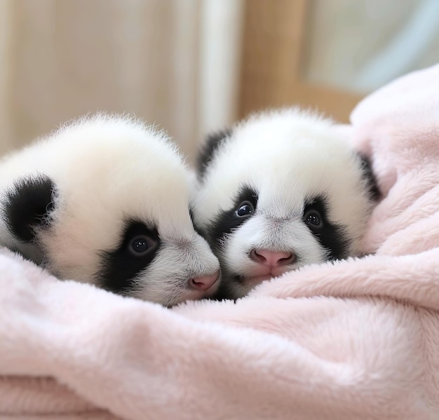 Twee baby panda's met een roze deken 26