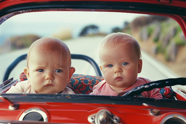 Twee baby's zitten achterin een rode auto