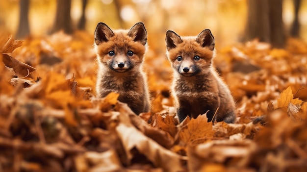 Twee babyvossen die in herfstbladeren zitten Generatieve AI