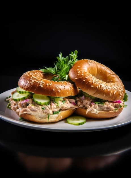 Twee bagels met tonijn op het witte bord.