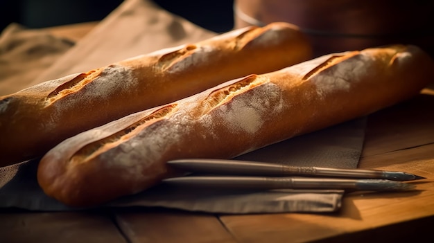 Twee baguettes op een tafel met een mes en vork.