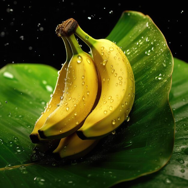 Twee bananen zitten op een blad met waterdruppels erop.