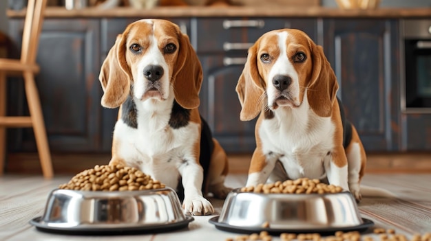 Twee beagleshonden zitten met een schotel droog voedsel