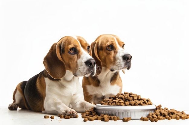 Twee beagleshonden zitten met een schotel droog voedsel