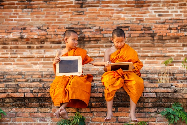 Twee beginner lezing en het bestuderen van bord met grappig in oude tempel in zonsondergangtijd