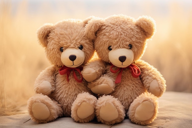 Twee beige teddyberen die samen zitten.