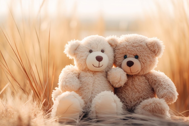 Foto twee beige teddyberen die samen zitten.
