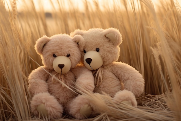 Twee beige teddyberen die samen zitten.