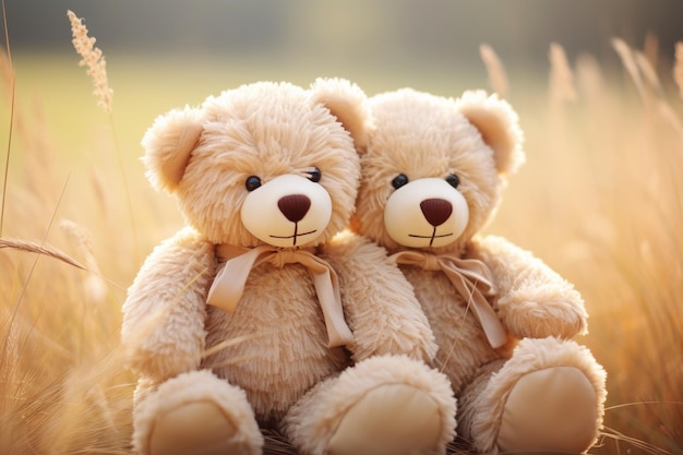Twee beige teddyberen die samen zitten.