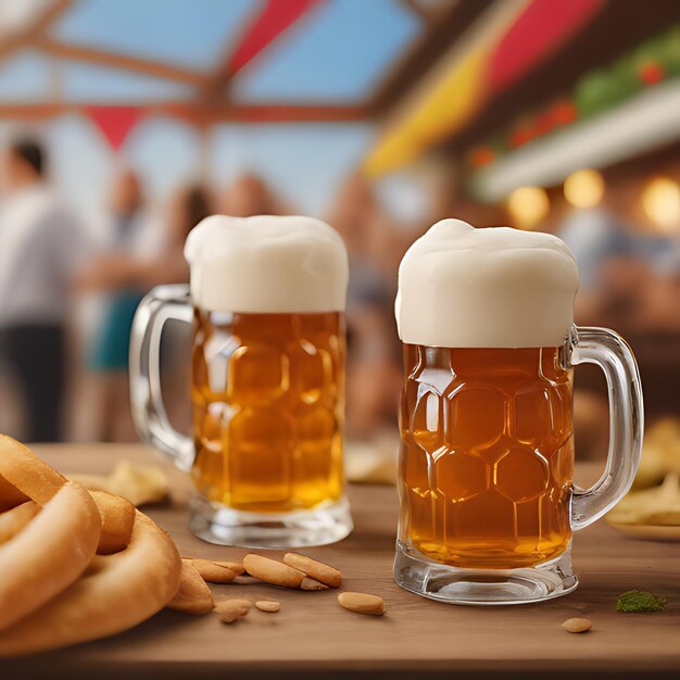 twee bekers bier met een bagel op de tafel