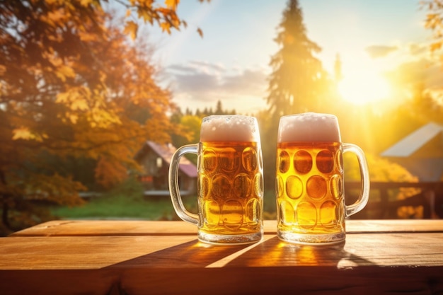 Twee bekers bier op een houten tafel met een straatcafé op de achtergrond Alcohol drinken op een openluchtfeest in het herfstseizoen