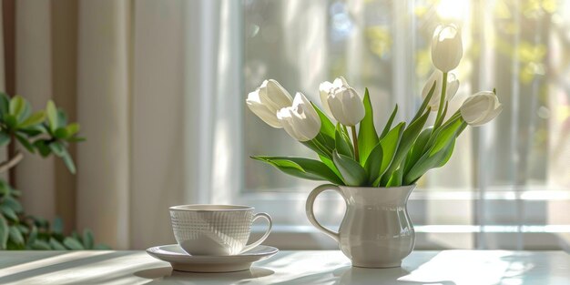 Twee bekers en een schotel met een vaas met tulpen