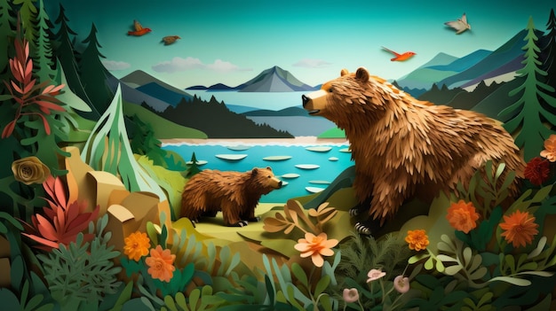 Twee beren in het bos bomen vogels bloemen meer berg 3d papier kunst papercut illustratie