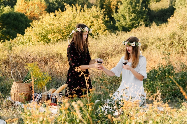 Twee beste vrienden op picknick in het veld tot vaststelling van de lachende