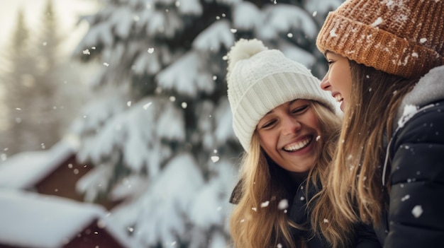Twee beste vrienden zijn gelukkig en lachen samen in de sneeuw en winter buiten