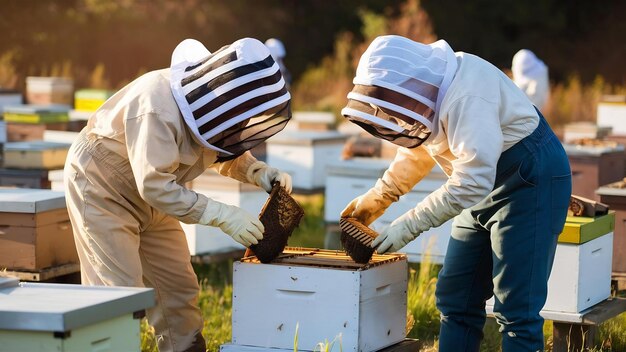 Twee bijenhouders die in een bijenstal werken en in overkoepelende uitrusting werken