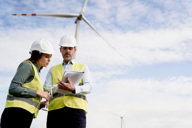 Twee blanke ingenieurs staan op een windturbine en bespreken documenten.