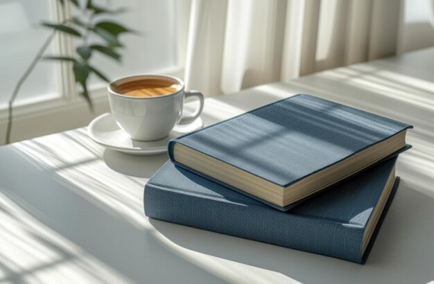 twee blauwe boeken over een kopje koffie op een wit bureaublad