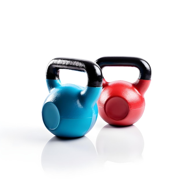 Twee blauwe en rode kettlebells zitten naast elkaar.