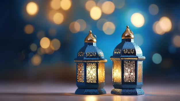 Twee blauwe lantaarns met bovenaan de woorden ramadan