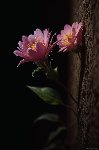 Twee bloemen op een muur waar de zon op schijnt