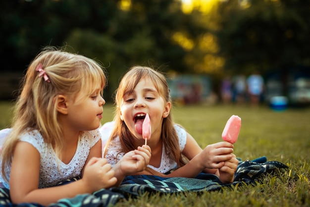 Twee blonde zusters die roomijs eten op een picknick in het park