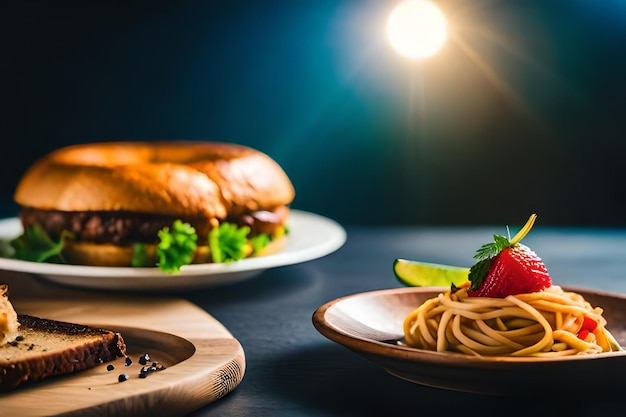 twee borden met eten, waaronder een hamburger en een hamburger met een hamburger aan de zijkant