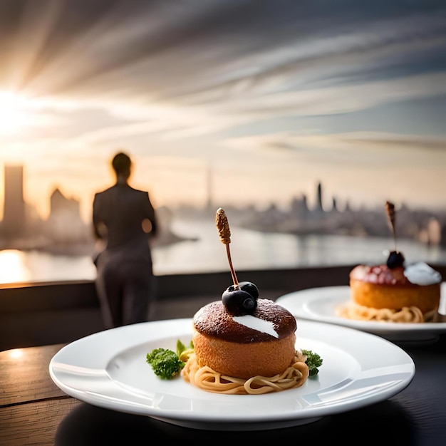 Twee borden met voedsel met een silhouet van een man en een vrouw die naar de stad kijken op de achtergrond