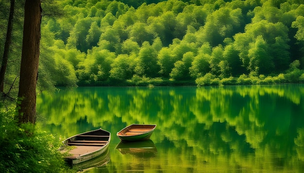 twee boten zijn op het water met de bomen op de achtergrond