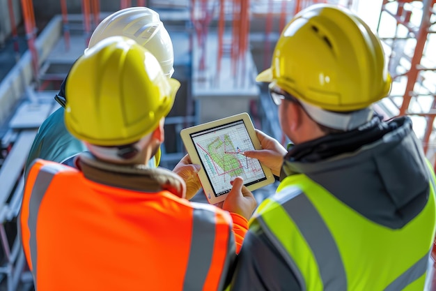 Twee bouwvakkers onderzoeken een kaart om hun volgende stappen op de bouwplaats te plannen Engineering team op het terrein met behulp van tablets en realtime bouwsoftware AI gegenereerd