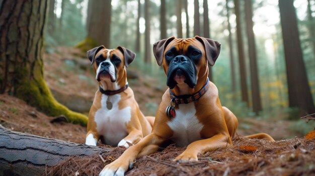 Foto twee boxerhonden die op de grond in het bos liggen