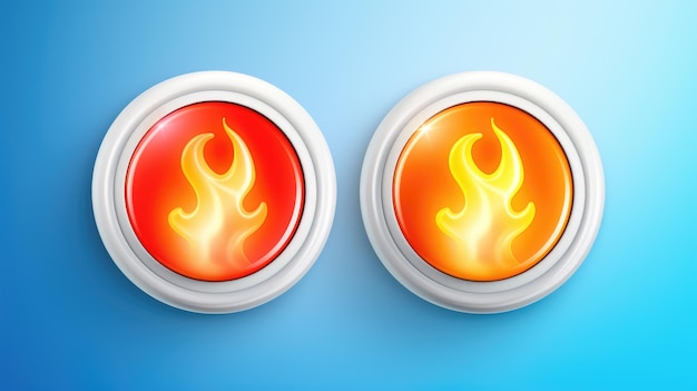 Foto twee brandknoppen, een rode en een gele, zijn afgebeeld op een blauwe achtergrond. deze afbeelding kan worden gebruikt om noodsituaties of het concept van brandveiligheid weer te geven.
