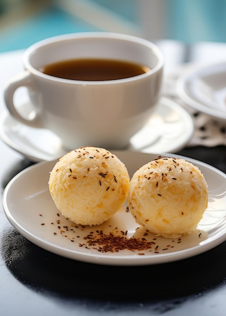 Twee Braziliaanse kaasbroodballetjes en koffie op de tafel close-up