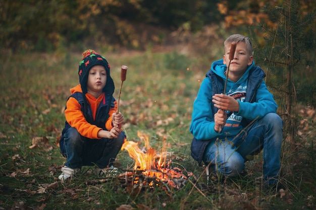 Twee broers roosteren hotdogs op stokjes boven vlammen in een kampvuur. Familievakantie in de natuur.