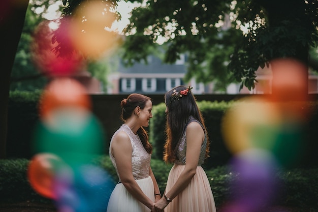 Twee bruiden kijken elkaar aan voor een regenboog van lichtjes