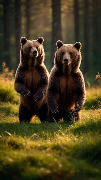 Foto twee bruine beren op groen gras in een bos.