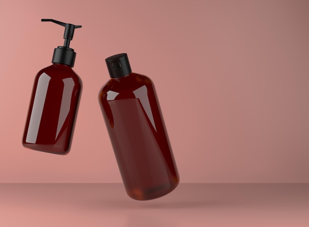Twee bruine glazen flessen voor douchegel en vloeibare zeep drijvend op studio achtergrond 3D render van co